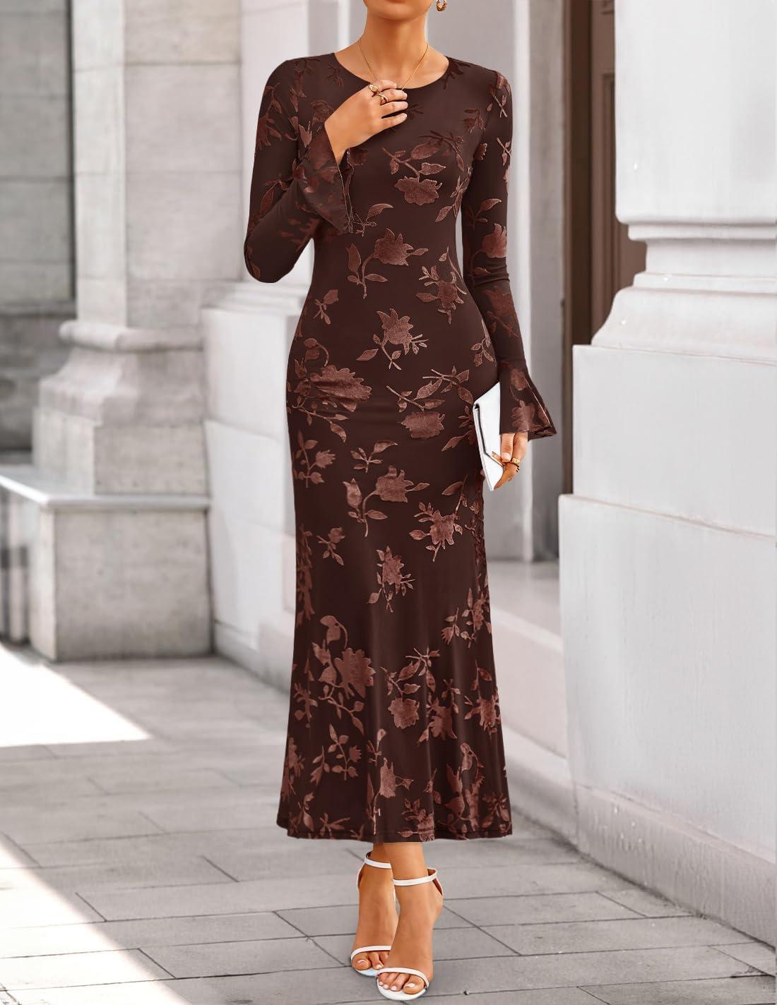 imageZESICA Womens 2026 Bell Long Sleeve Floral Maxi Dress Spring Fashion Bodycon Mesh Wedding Guest Cocktail Party DressesCoffee