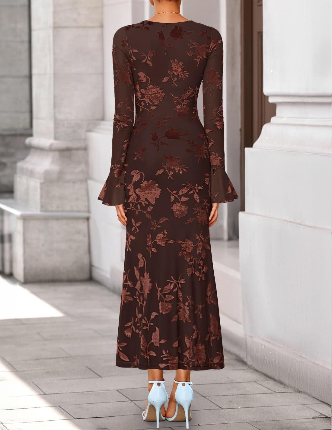 imageZESICA Womens 2026 Bell Long Sleeve Floral Maxi Dress Spring Fashion Bodycon Mesh Wedding Guest Cocktail Party DressesCoffee