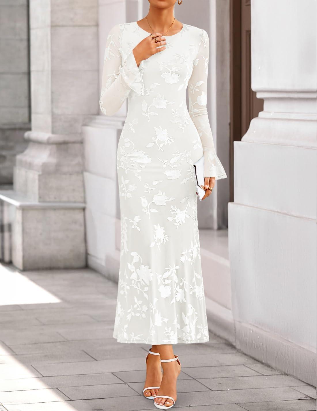 imageZESICA Womens 2026 Bell Long Sleeve Floral Maxi Dress Spring Fashion Bodycon Mesh Wedding Guest Cocktail Party DressesWhite