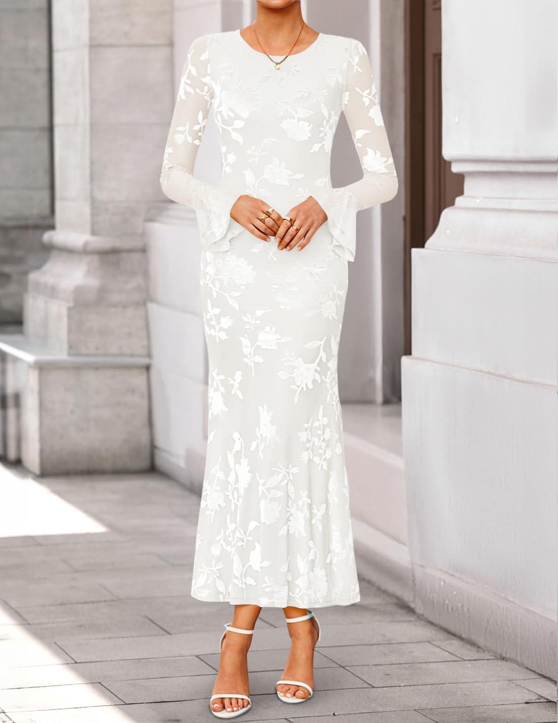imageZESICA Womens 2026 Bell Long Sleeve Floral Maxi Dress Spring Fashion Bodycon Mesh Wedding Guest Cocktail Party DressesWhite
