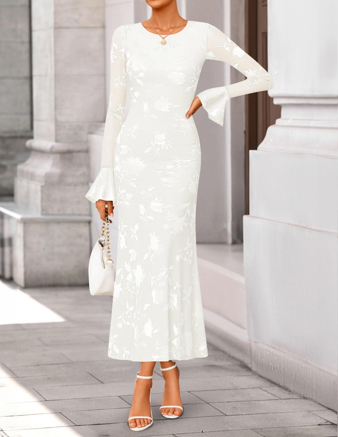 imageZESICA Womens 2026 Bell Long Sleeve Floral Maxi Dress Spring Fashion Bodycon Mesh Wedding Guest Cocktail Party DressesWhite