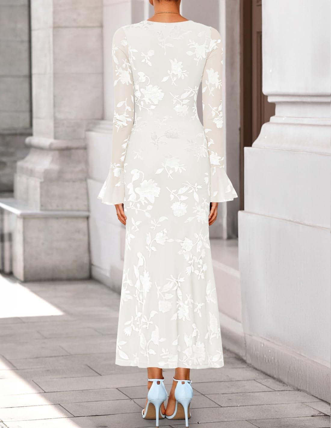 imageZESICA Womens 2026 Bell Long Sleeve Floral Maxi Dress Spring Fashion Bodycon Mesh Wedding Guest Cocktail Party DressesWhite