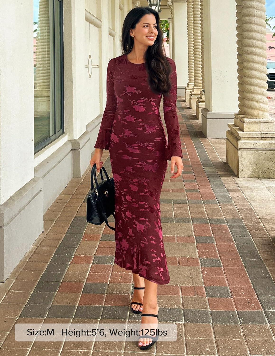 imageZESICA Womens 2026 Bell Long Sleeve Floral Maxi Dress Spring Fashion Bodycon Mesh Wedding Guest Cocktail Party DressesWine