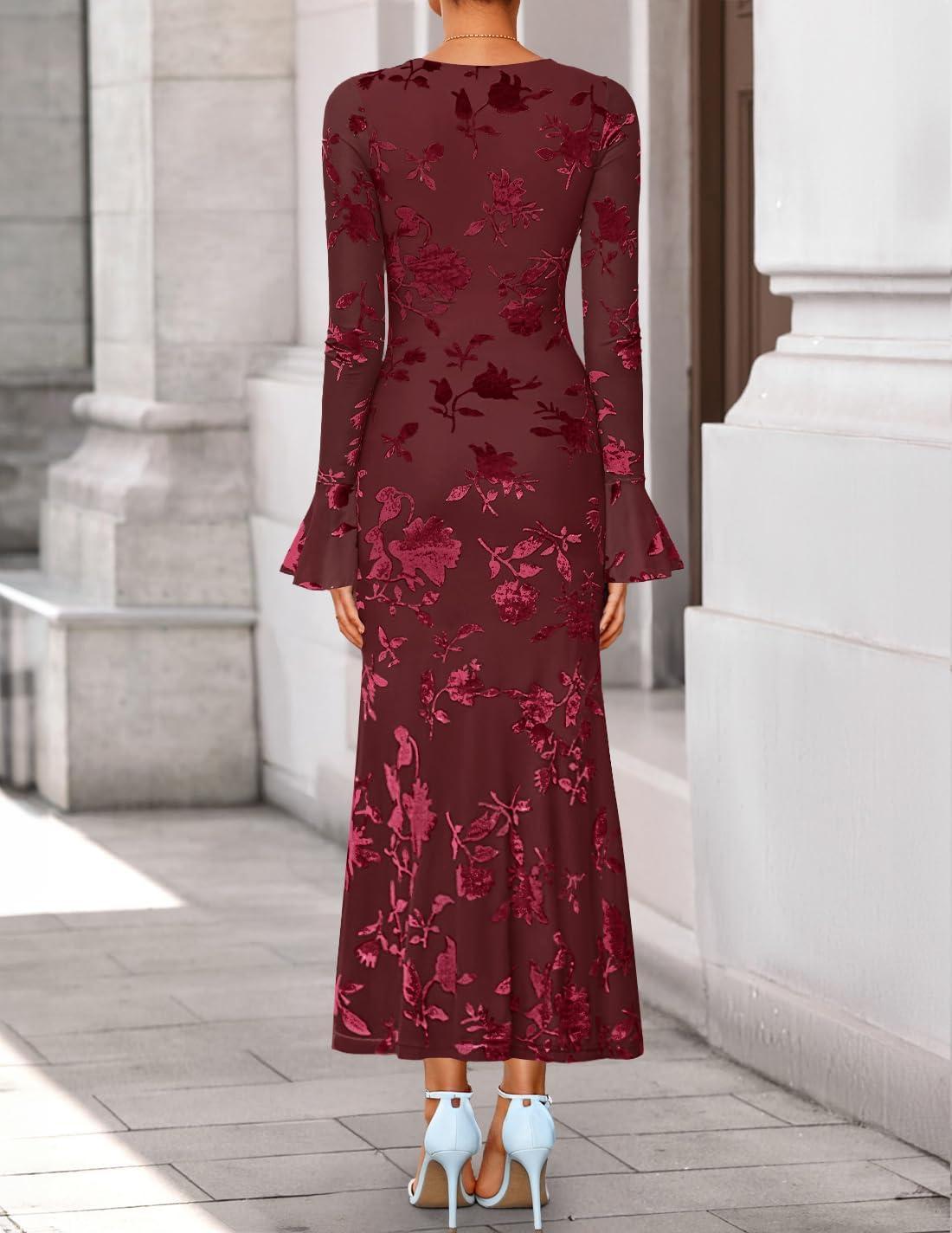 imageZESICA Womens 2026 Bell Long Sleeve Floral Maxi Dress Spring Fashion Bodycon Mesh Wedding Guest Cocktail Party DressesWine
