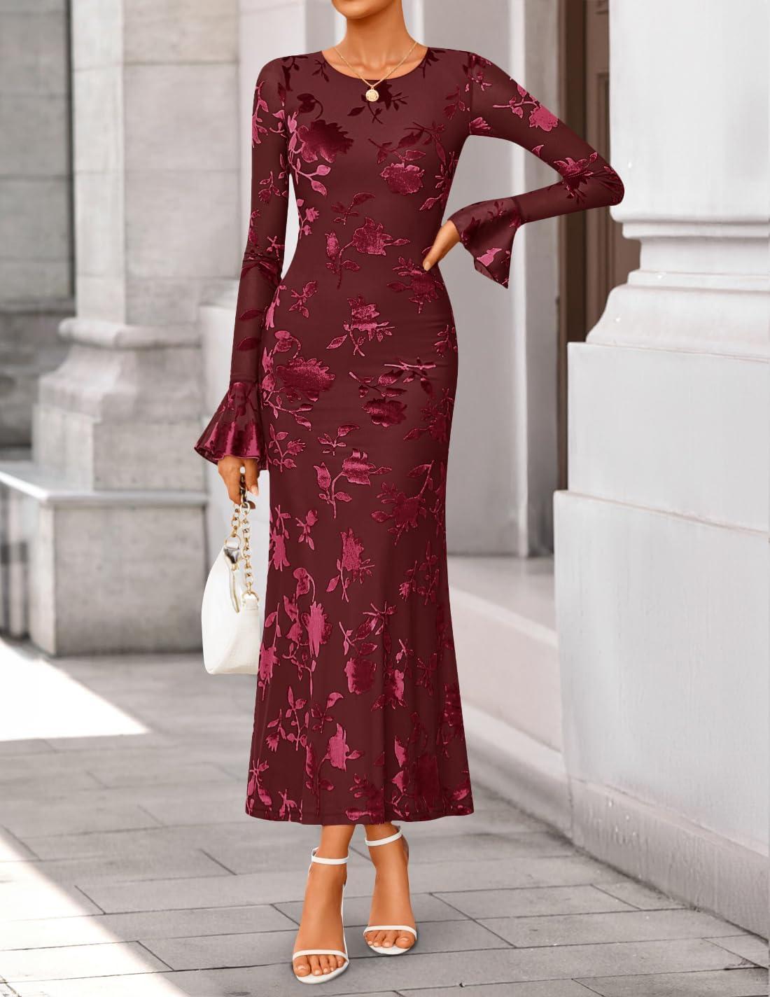 imageZESICA Womens 2026 Bell Long Sleeve Floral Maxi Dress Spring Fashion Bodycon Mesh Wedding Guest Cocktail Party DressesWine
