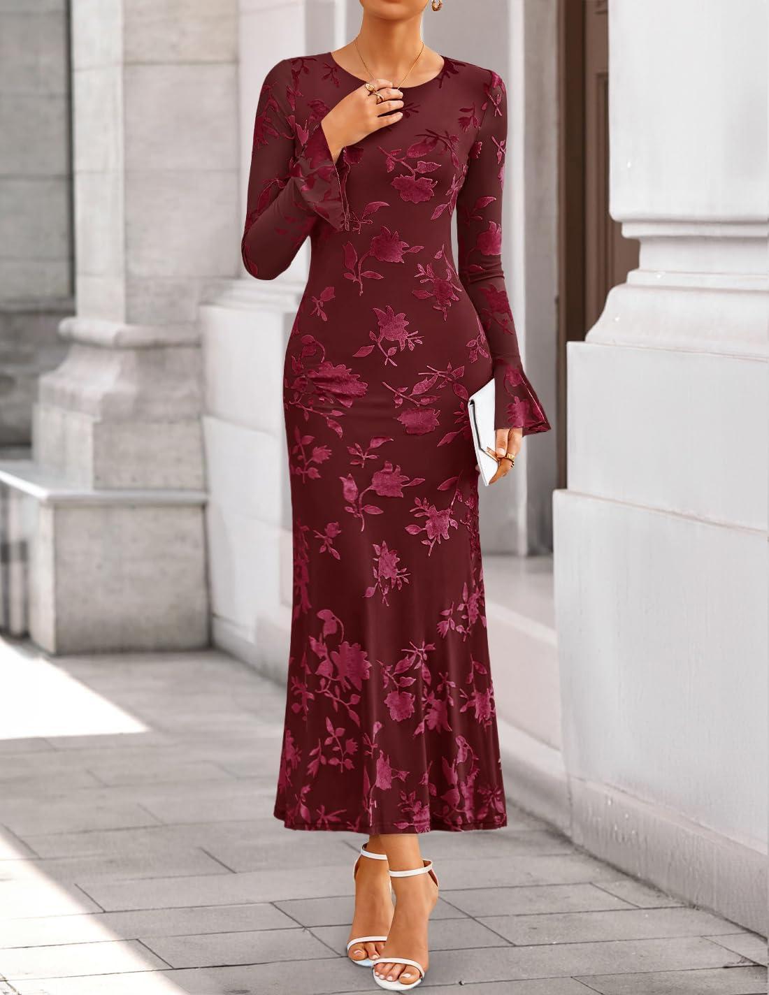 imageZESICA Womens 2026 Bell Long Sleeve Floral Maxi Dress Spring Fashion Bodycon Mesh Wedding Guest Cocktail Party DressesWine