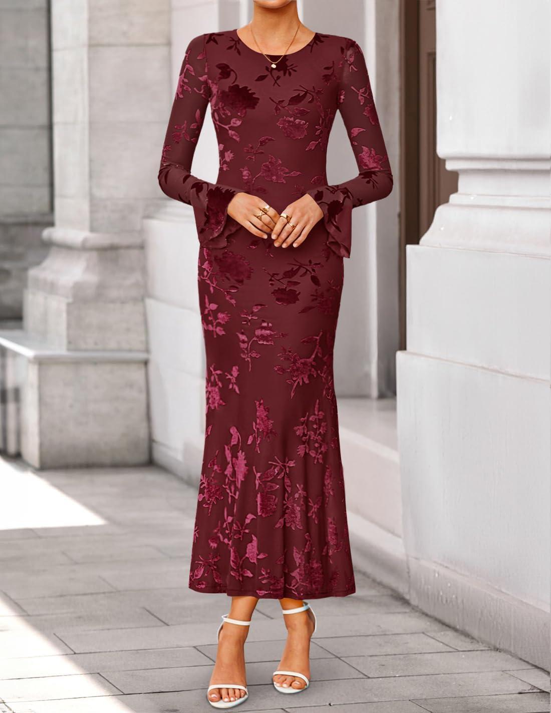 imageZESICA Womens 2026 Bell Long Sleeve Floral Maxi Dress Spring Fashion Bodycon Mesh Wedding Guest Cocktail Party DressesWine