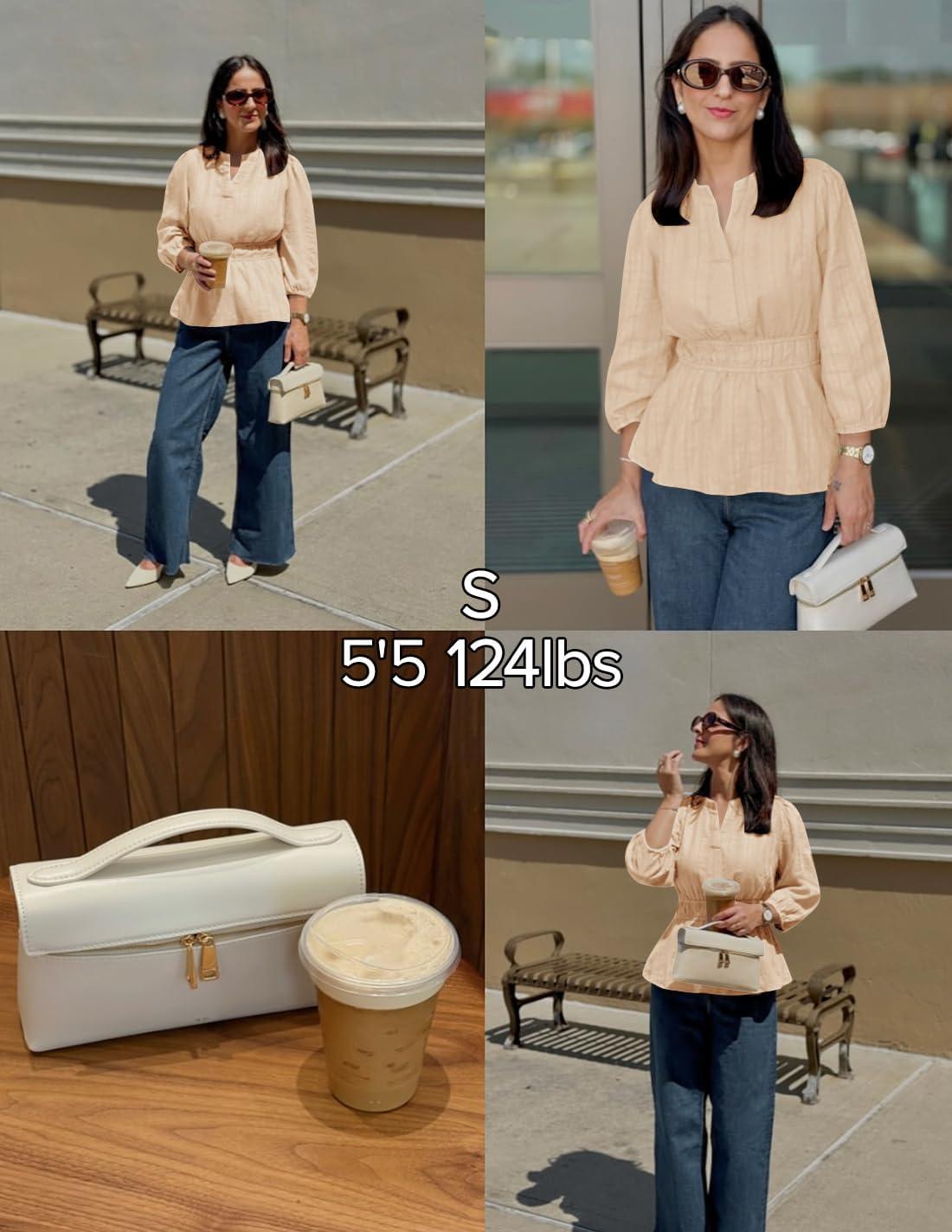 imageZESICA Womens 2026 Fall Babydoll Peplum Tops V Neck Puff 34 Length Sleeve Shirts Dressy Casual BlousesApricot
