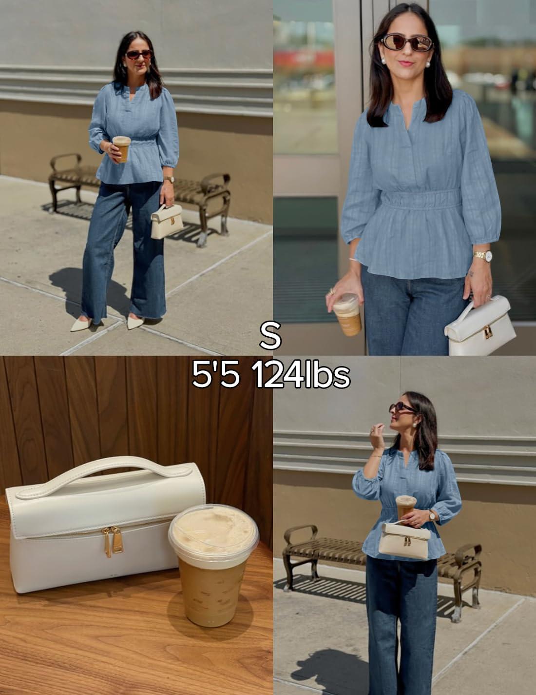 imageZESICA Womens 2026 Fall Babydoll Peplum Tops V Neck Puff 34 Length Sleeve Shirts Dressy Casual BlousesDustyblue