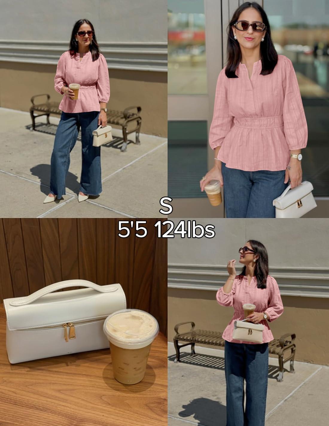 imageZESICA Womens 2026 Fall Babydoll Peplum Tops V Neck Puff 34 Length Sleeve Shirts Dressy Casual BlousesDustypink
