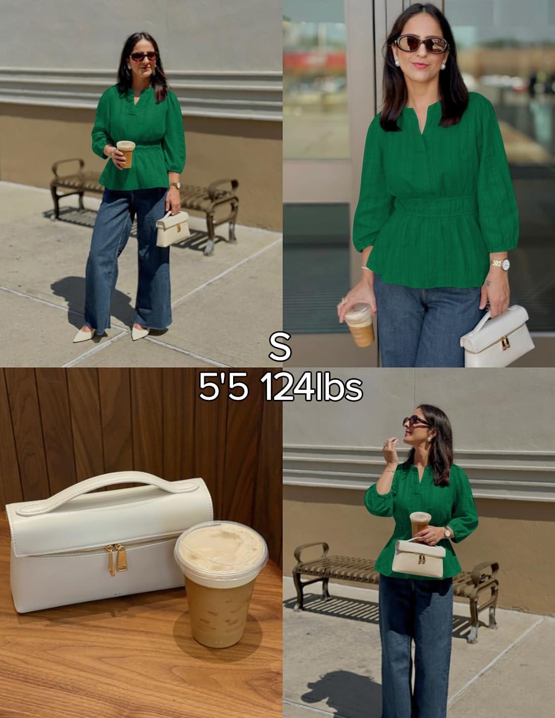 imageZESICA Womens 2026 Fall Babydoll Peplum Tops V Neck Puff 34 Length Sleeve Shirts Dressy Casual BlousesGreen