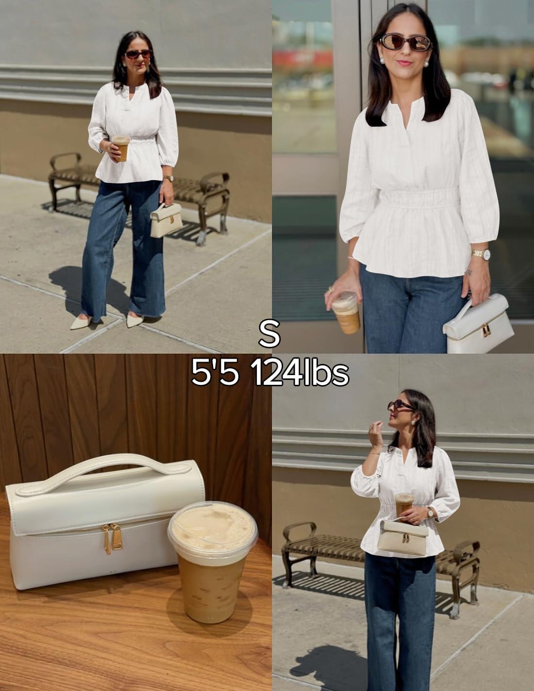 imageZESICA Womens 2026 Fall Babydoll Peplum Tops V Neck Puff 34 Length Sleeve Shirts Dressy Casual BlousesWhite