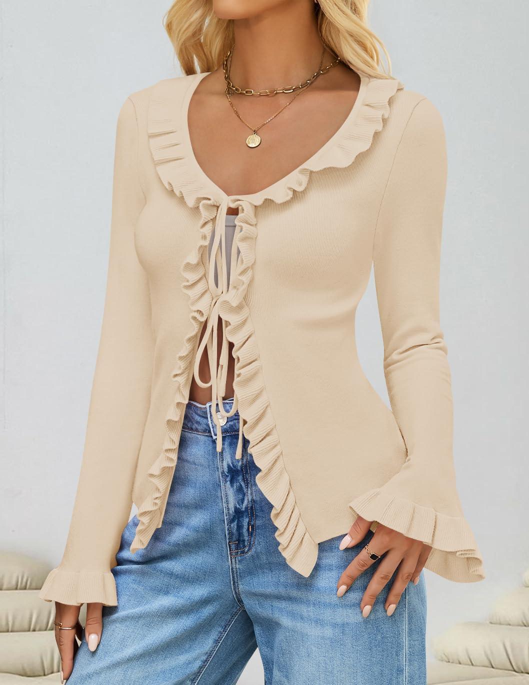 imageZESICA Womens 2026 Fall Tie Front Bow Cardigan Sweaters Long Bell Sleeve V Neck Ruffled Knit Cropped Trendy TopsApricot