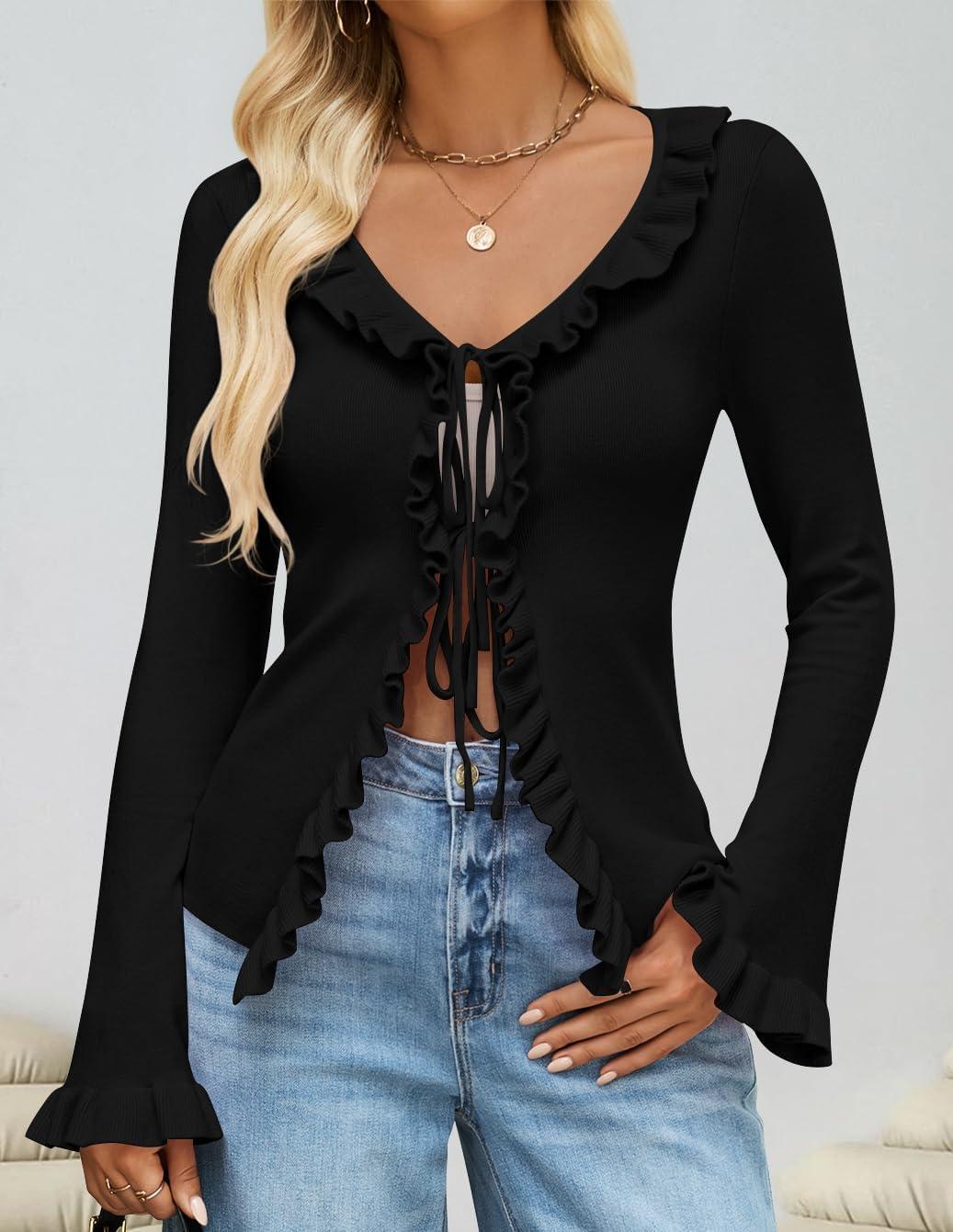 imageZESICA Womens 2026 Fall Tie Front Bow Cardigan Sweaters Long Bell Sleeve V Neck Ruffled Knit Cropped Trendy TopsBlack
