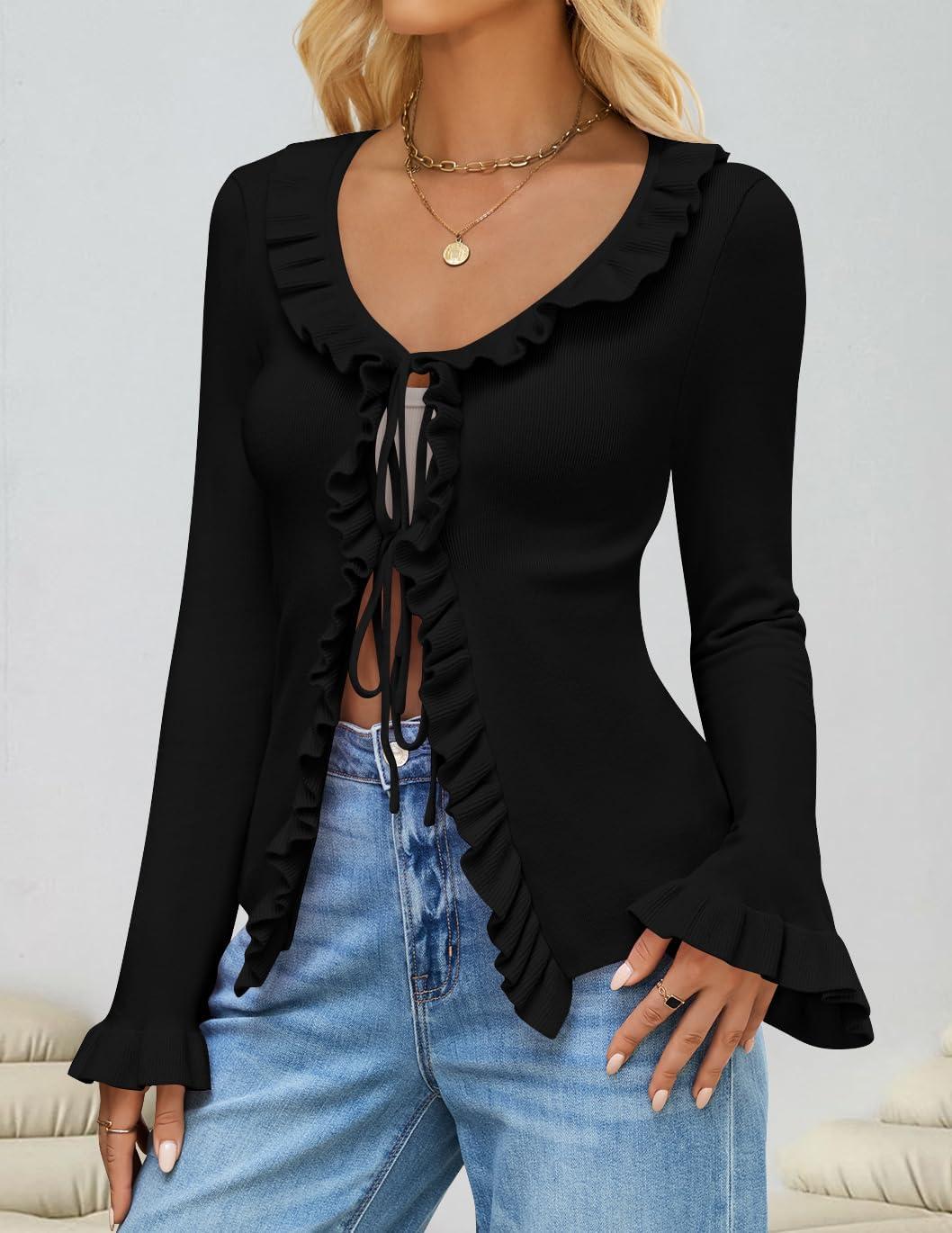imageZESICA Womens 2026 Fall Tie Front Bow Cardigan Sweaters Long Bell Sleeve V Neck Ruffled Knit Cropped Trendy TopsBlack