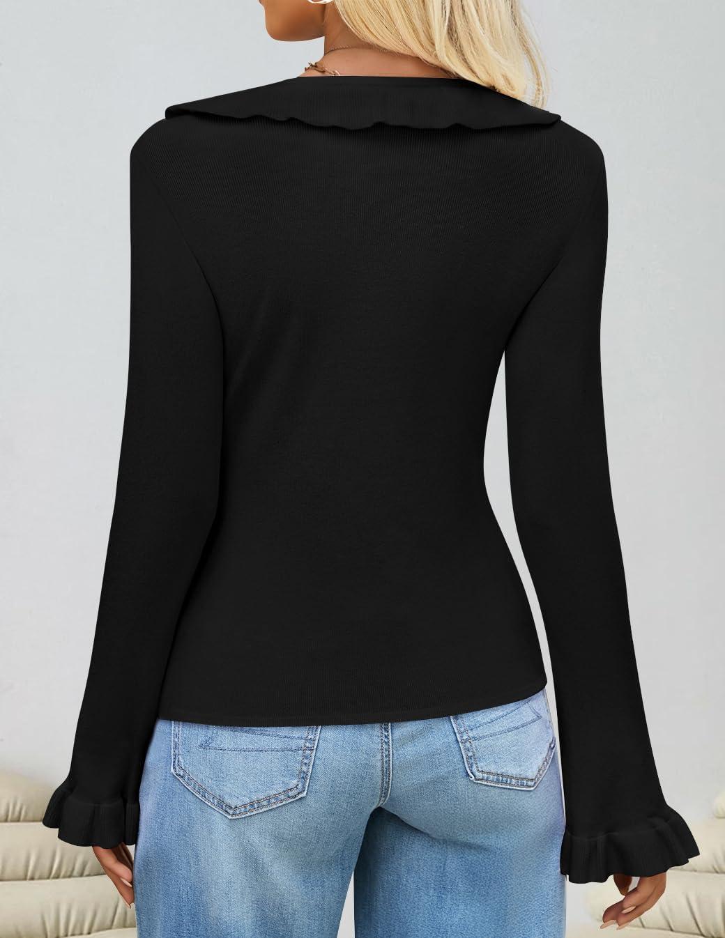 imageZESICA Womens 2026 Fall Tie Front Bow Cardigan Sweaters Long Bell Sleeve V Neck Ruffled Knit Cropped Trendy TopsBlack