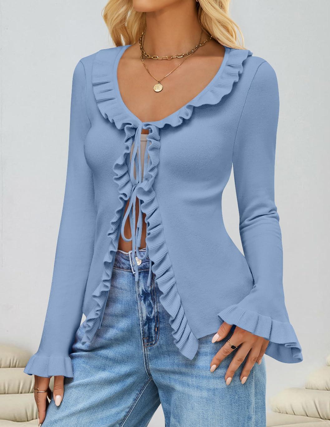 imageZESICA Womens 2026 Fall Tie Front Bow Cardigan Sweaters Long Bell Sleeve V Neck Ruffled Knit Cropped Trendy TopsBlue