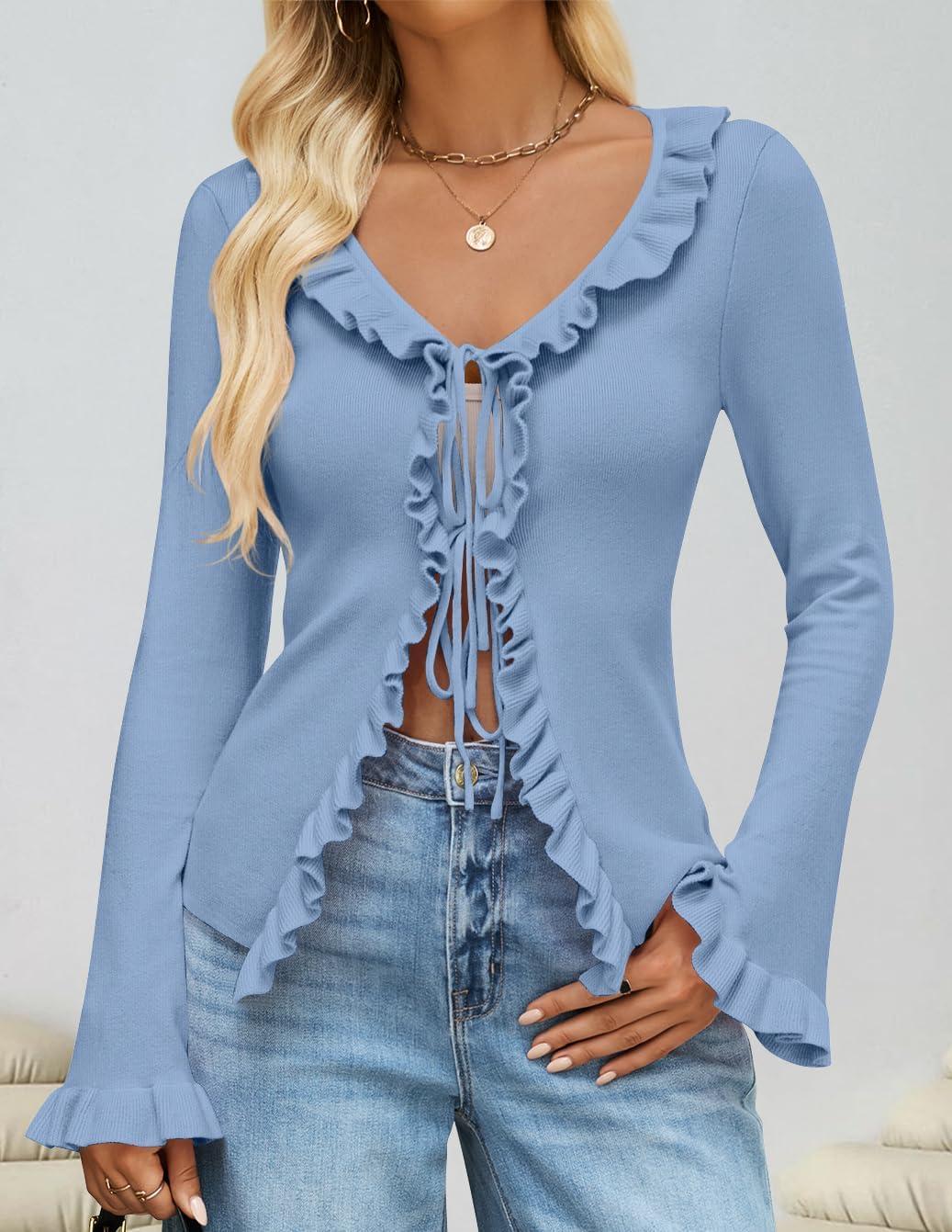 imageZESICA Womens 2026 Fall Tie Front Bow Cardigan Sweaters Long Bell Sleeve V Neck Ruffled Knit Cropped Trendy TopsBlue