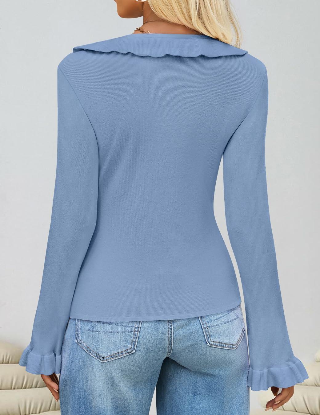 imageZESICA Womens 2026 Fall Tie Front Bow Cardigan Sweaters Long Bell Sleeve V Neck Ruffled Knit Cropped Trendy TopsBlue