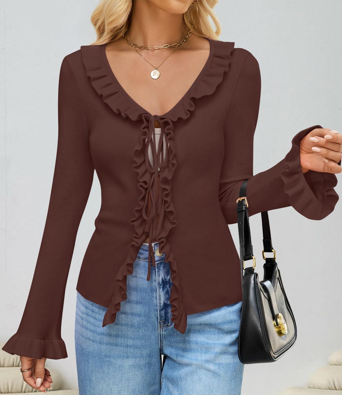 imageZESICA Womens 2026 Fall Tie Front Bow Cardigan Sweaters Long Bell Sleeve V Neck Ruffled Knit Cropped Trendy TopsBrown
