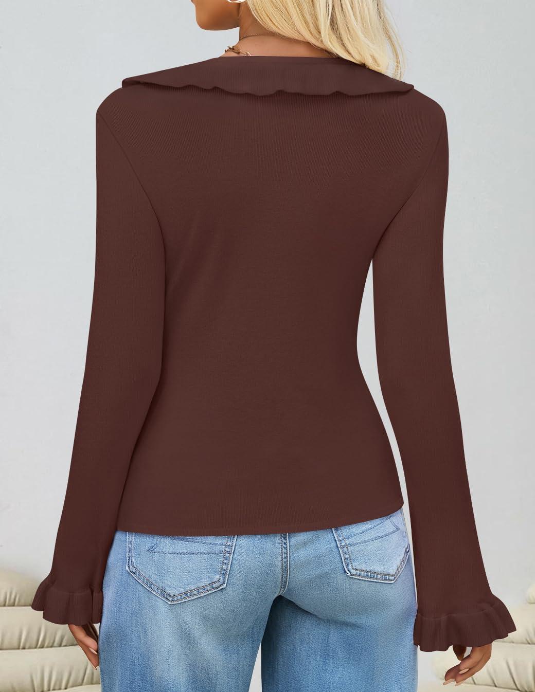 imageZESICA Womens 2026 Fall Tie Front Bow Cardigan Sweaters Long Bell Sleeve V Neck Ruffled Knit Cropped Trendy TopsBrown