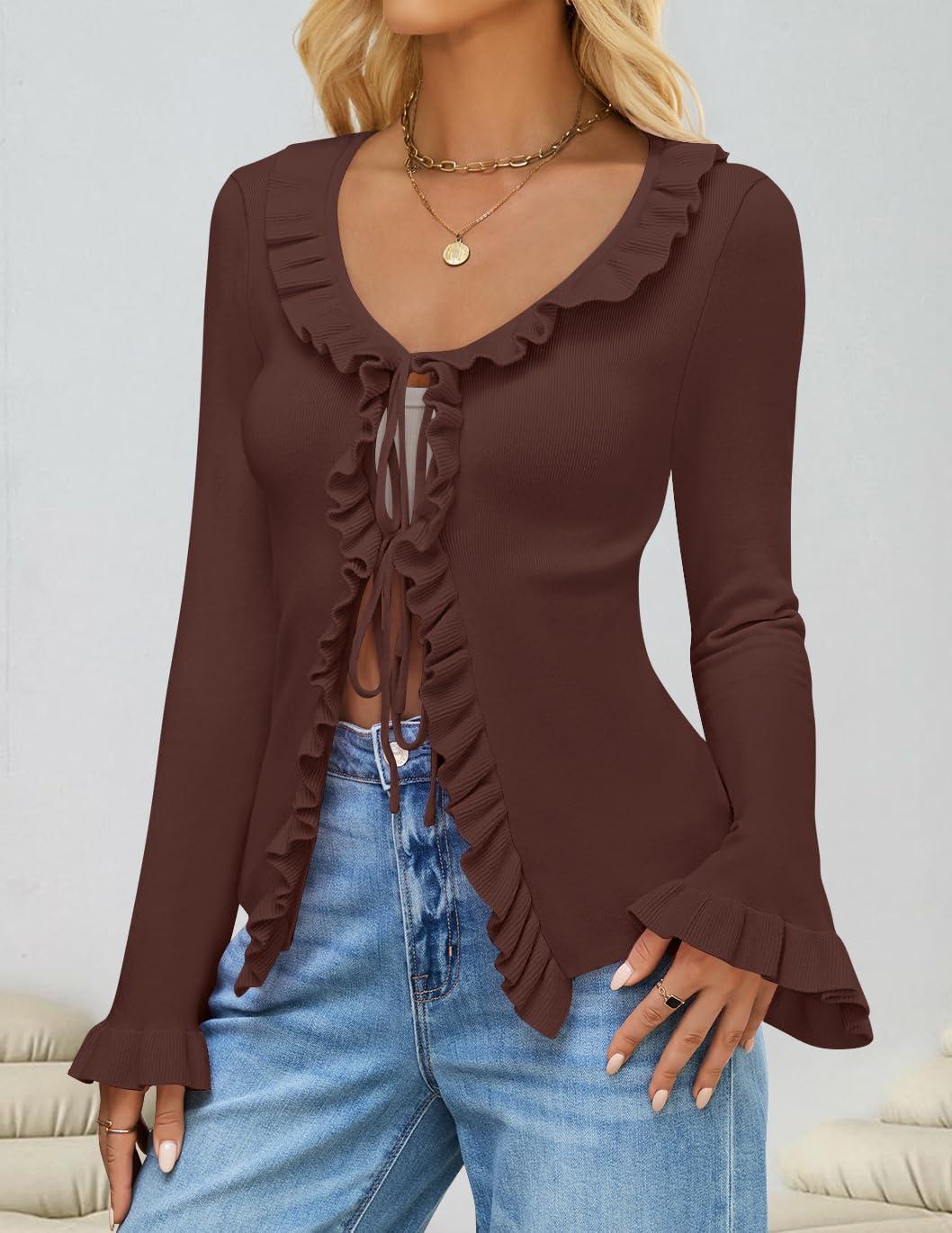 imageZESICA Womens 2026 Fall Tie Front Bow Cardigan Sweaters Long Bell Sleeve V Neck Ruffled Knit Cropped Trendy TopsBrown