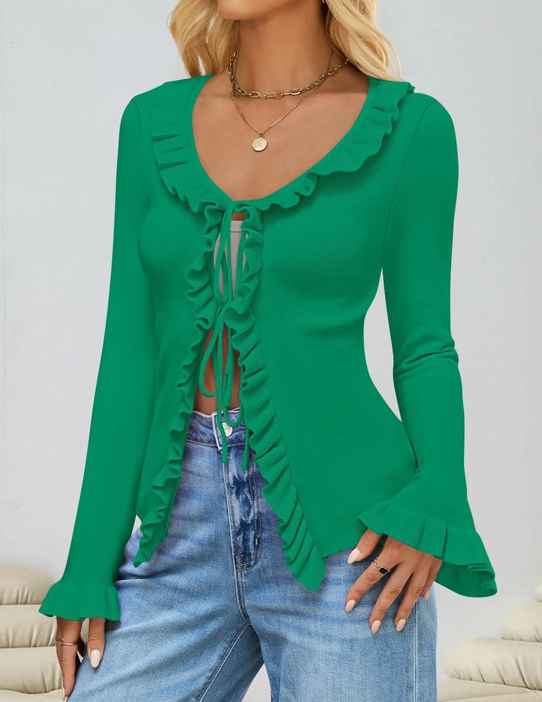 imageZESICA Womens 2026 Fall Tie Front Bow Cardigan Sweaters Long Bell Sleeve V Neck Ruffled Knit Cropped Trendy TopsGreen