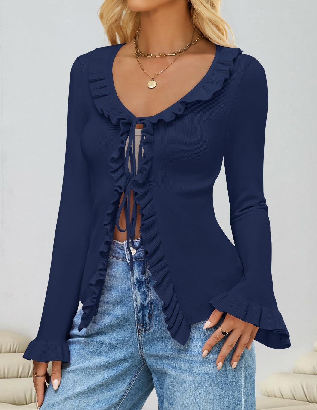 imageZESICA Womens 2026 Fall Tie Front Bow Cardigan Sweaters Long Bell Sleeve V Neck Ruffled Knit Cropped Trendy TopsNavy