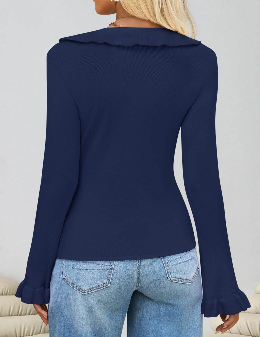 imageZESICA Womens 2026 Fall Tie Front Bow Cardigan Sweaters Long Bell Sleeve V Neck Ruffled Knit Cropped Trendy TopsNavy