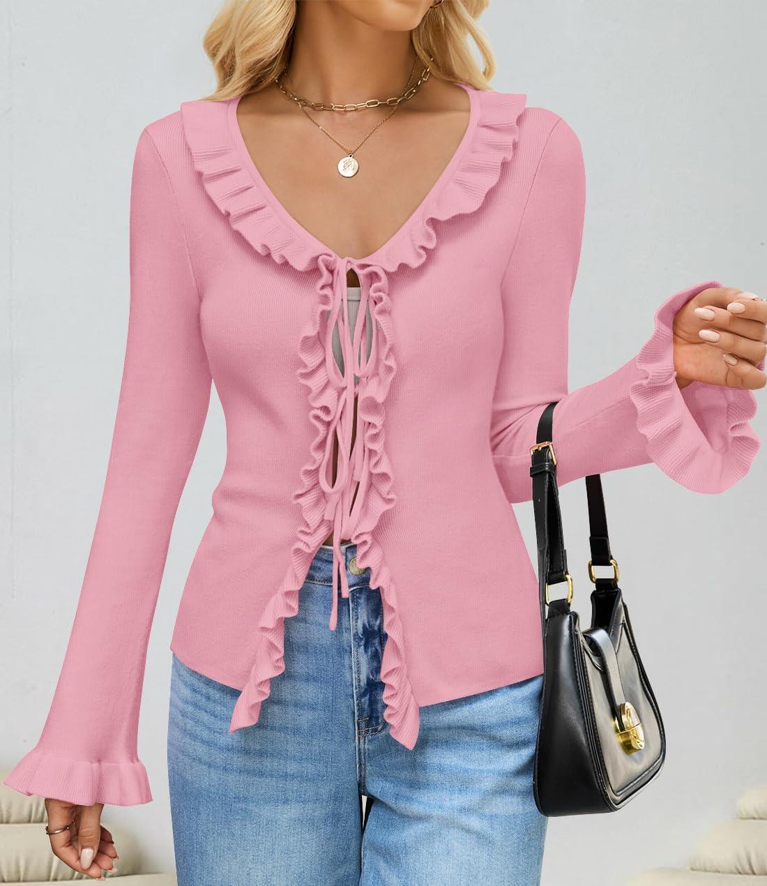 imageZESICA Womens 2026 Fall Tie Front Bow Cardigan Sweaters Long Bell Sleeve V Neck Ruffled Knit Cropped Trendy TopsPink