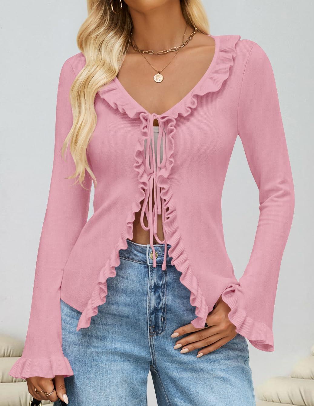 imageZESICA Womens 2026 Fall Tie Front Bow Cardigan Sweaters Long Bell Sleeve V Neck Ruffled Knit Cropped Trendy TopsPink