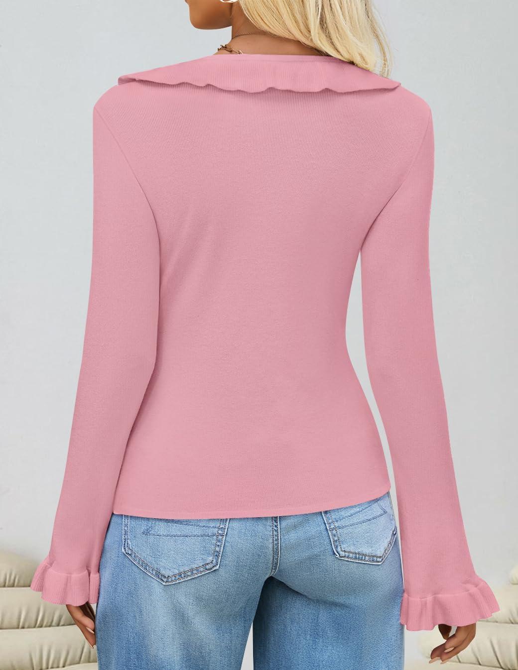 imageZESICA Womens 2026 Fall Tie Front Bow Cardigan Sweaters Long Bell Sleeve V Neck Ruffled Knit Cropped Trendy TopsPink