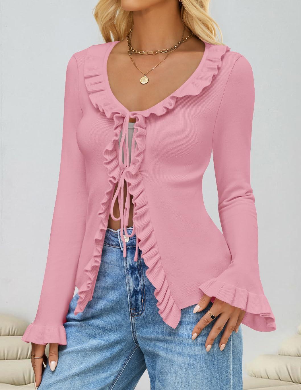 imageZESICA Womens 2026 Fall Tie Front Bow Cardigan Sweaters Long Bell Sleeve V Neck Ruffled Knit Cropped Trendy TopsPink