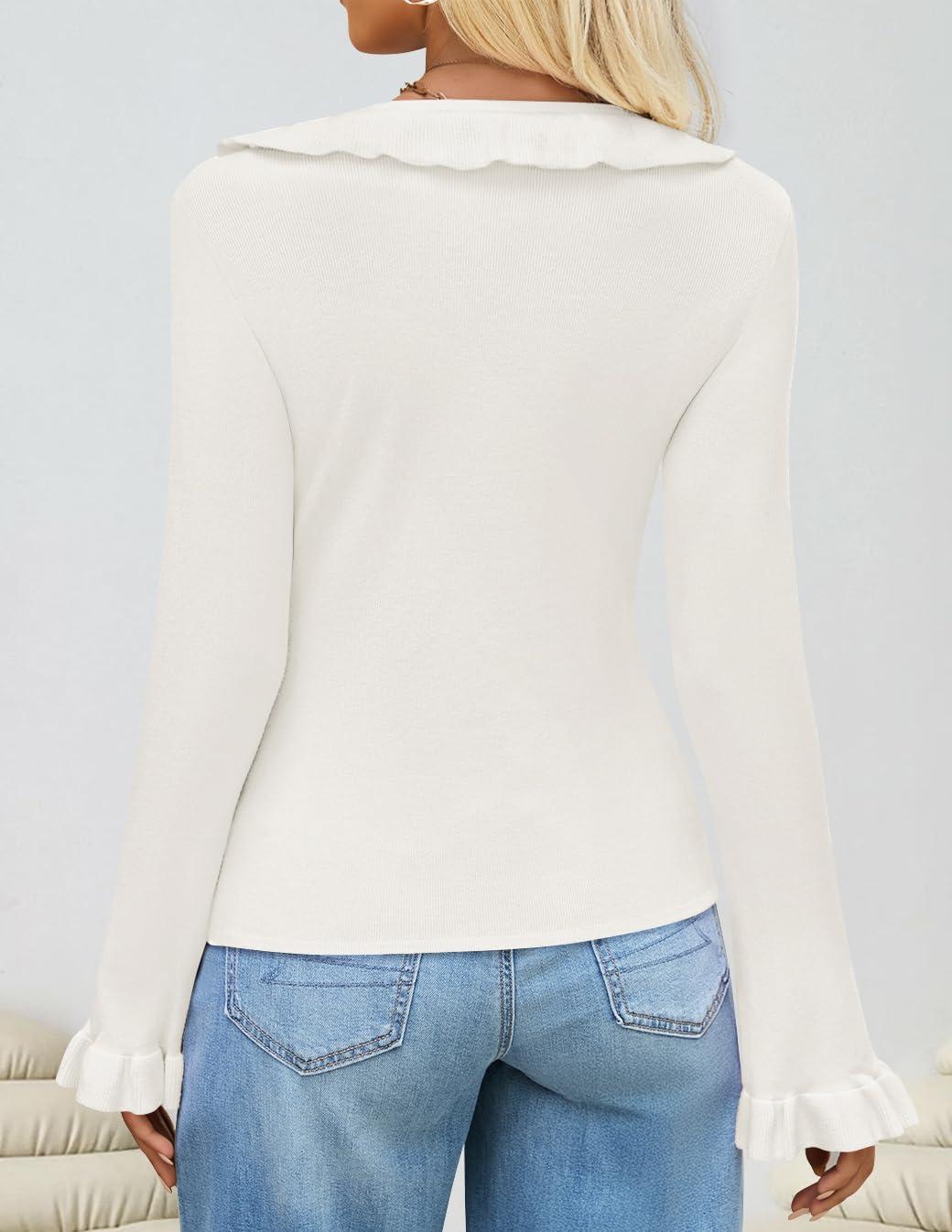 imageZESICA Womens 2026 Fall Tie Front Bow Cardigan Sweaters Long Bell Sleeve V Neck Ruffled Knit Cropped Trendy TopsWhite