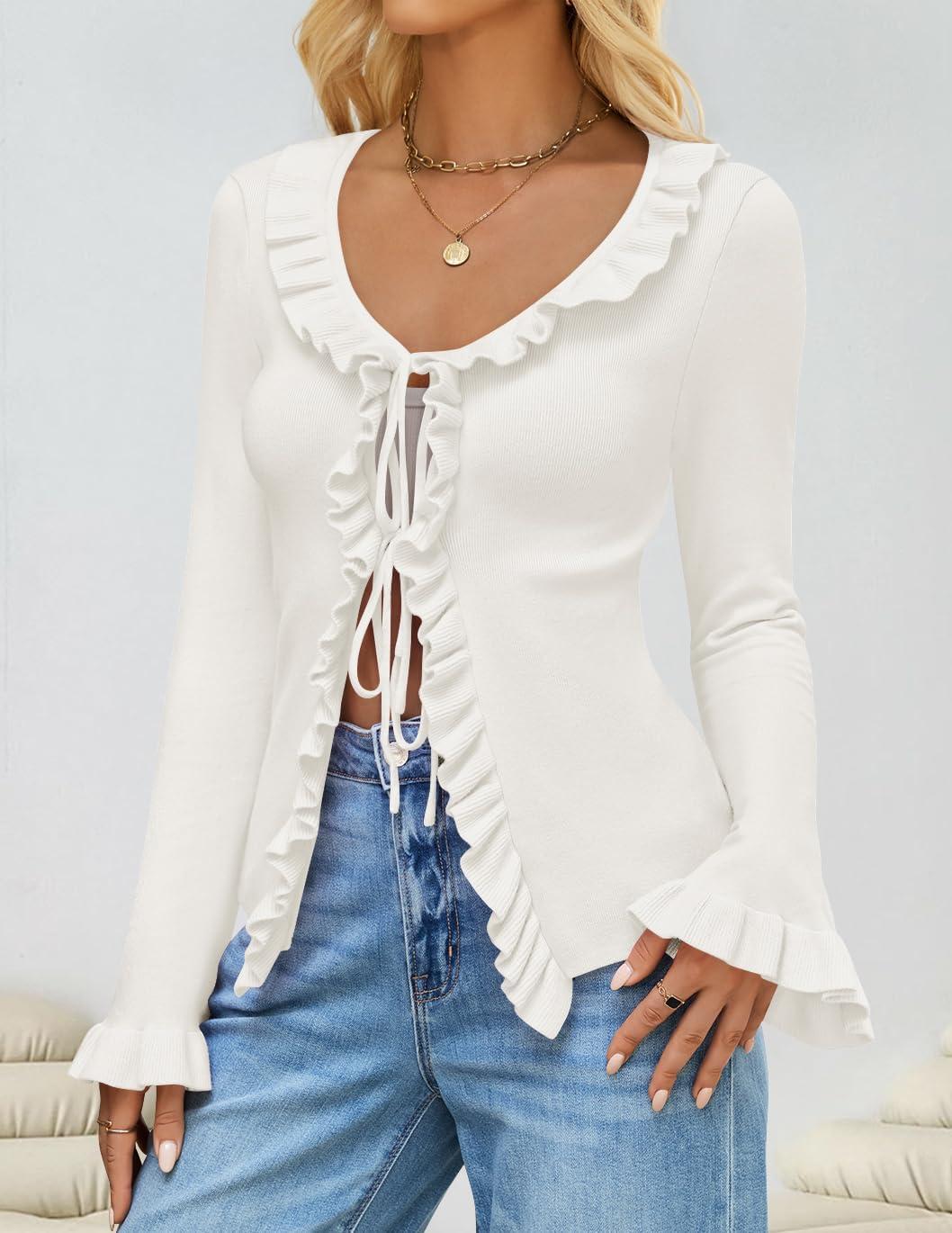 imageZESICA Womens 2026 Fall Tie Front Bow Cardigan Sweaters Long Bell Sleeve V Neck Ruffled Knit Cropped Trendy TopsWhite