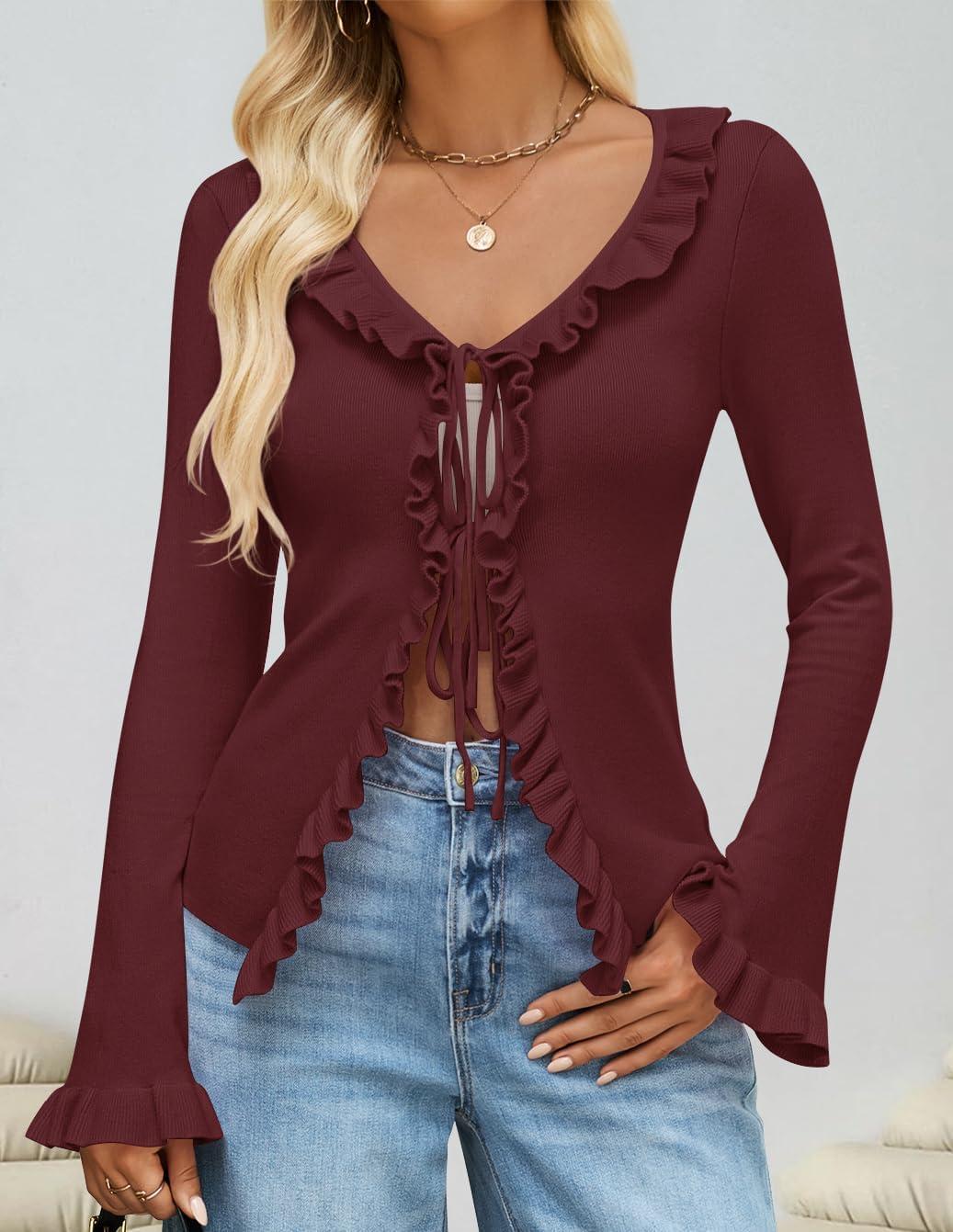 imageZESICA Womens 2026 Fall Tie Front Bow Cardigan Sweaters Long Bell Sleeve V Neck Ruffled Knit Cropped Trendy TopsWine