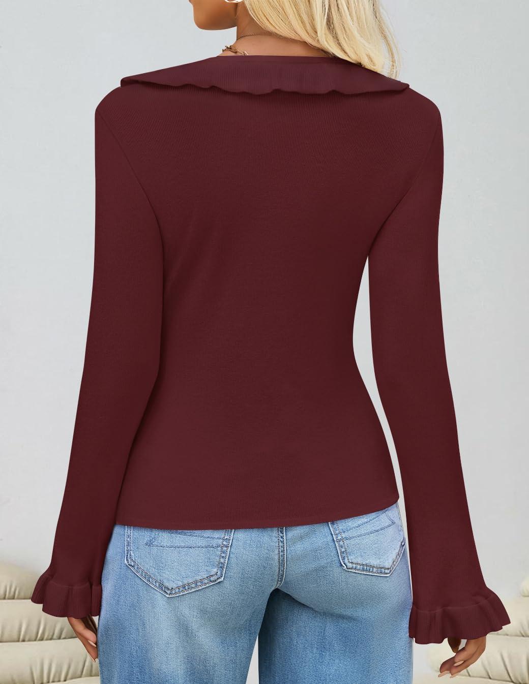 imageZESICA Womens 2026 Fall Tie Front Bow Cardigan Sweaters Long Bell Sleeve V Neck Ruffled Knit Cropped Trendy TopsWine