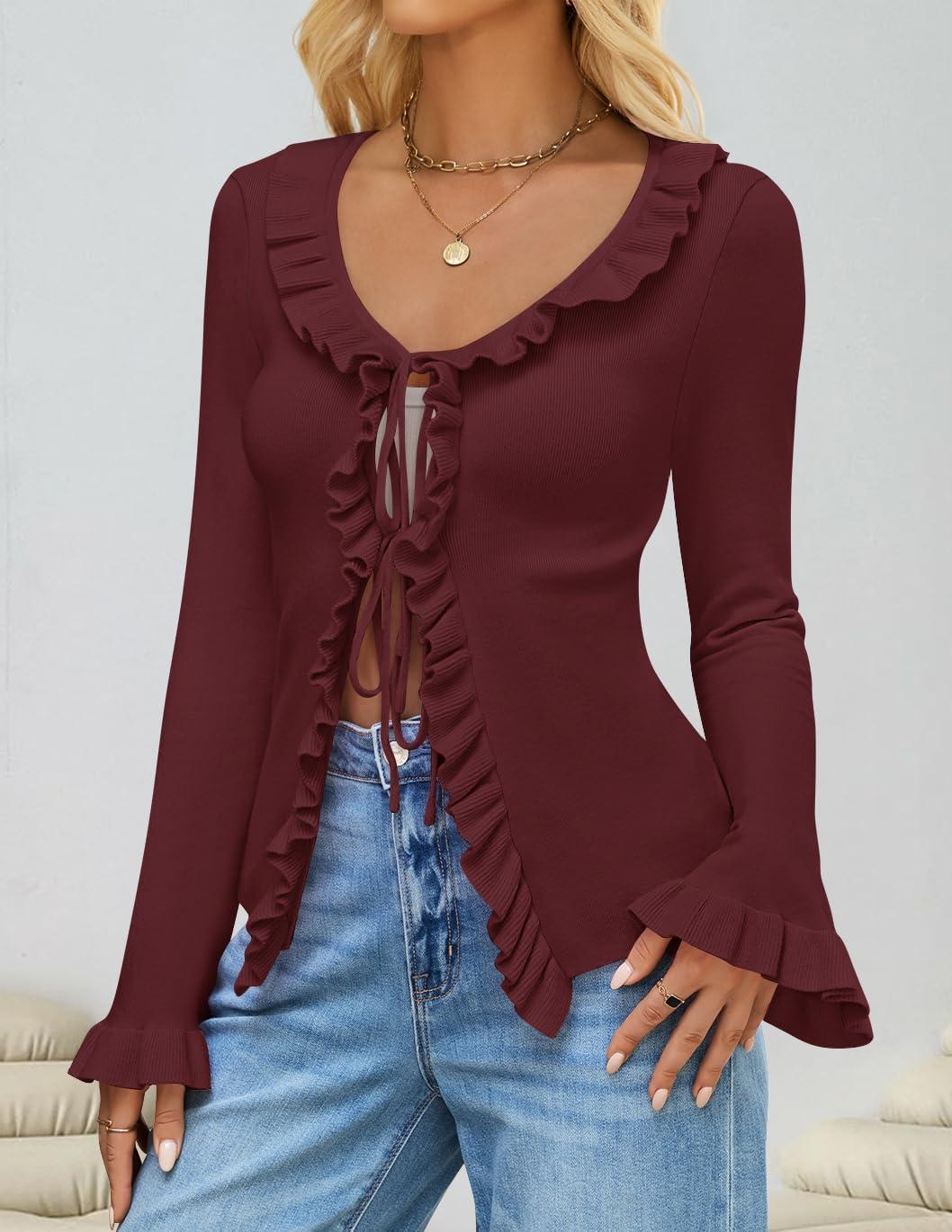 imageZESICA Womens 2026 Fall Tie Front Bow Cardigan Sweaters Long Bell Sleeve V Neck Ruffled Knit Cropped Trendy TopsWine