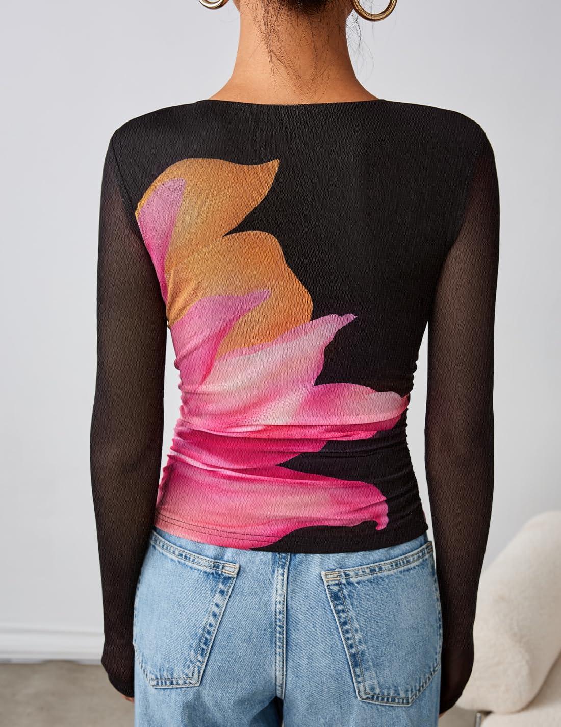 imageZESICA Womens 2026 Spring Floral Mesh Going Out Tops Long Sleeve Crewneck Slim Fit Ruched Y2k Shirt Beach Vacation OutfitBlack