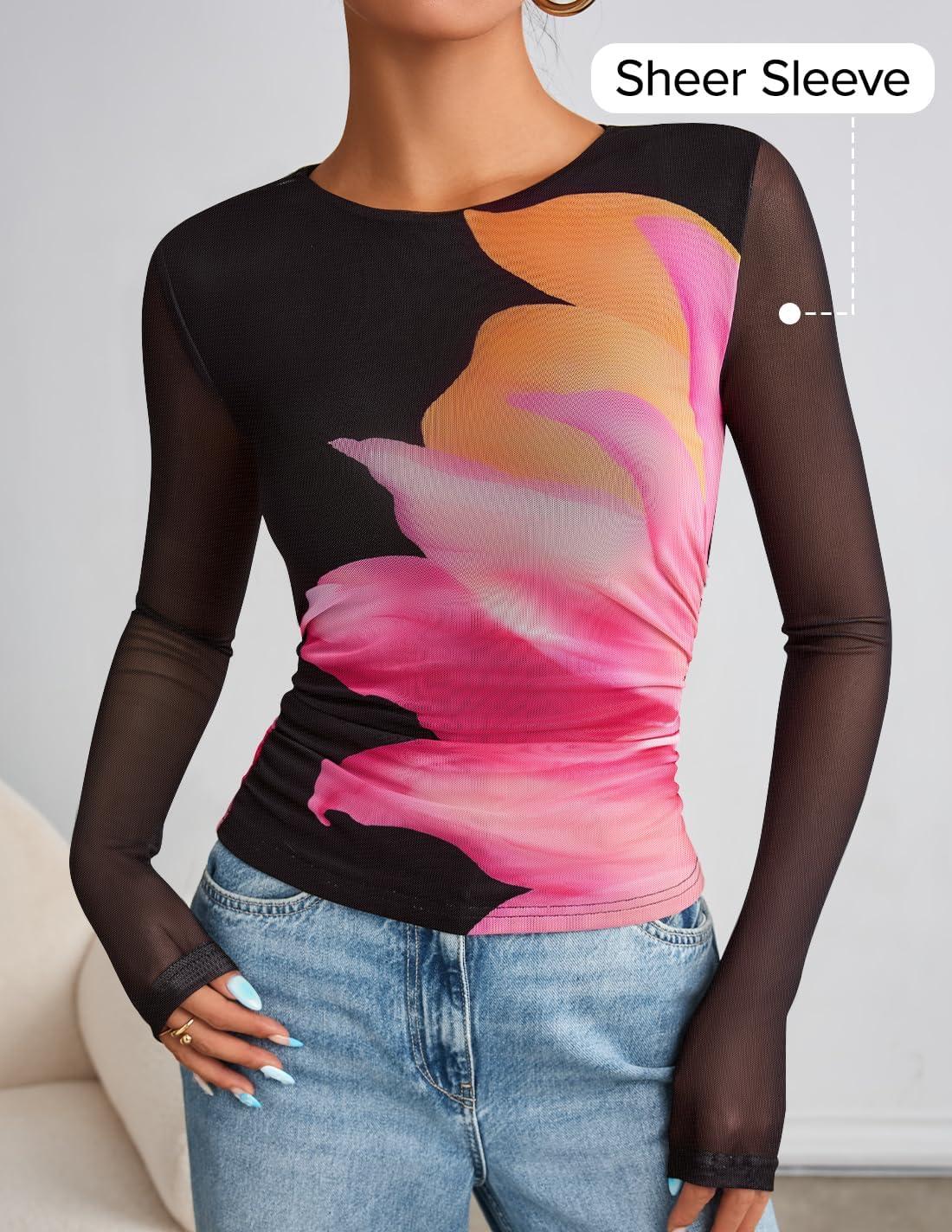 imageZESICA Womens 2026 Spring Floral Mesh Going Out Tops Long Sleeve Crewneck Slim Fit Ruched Y2k Shirt Beach Vacation OutfitBlack