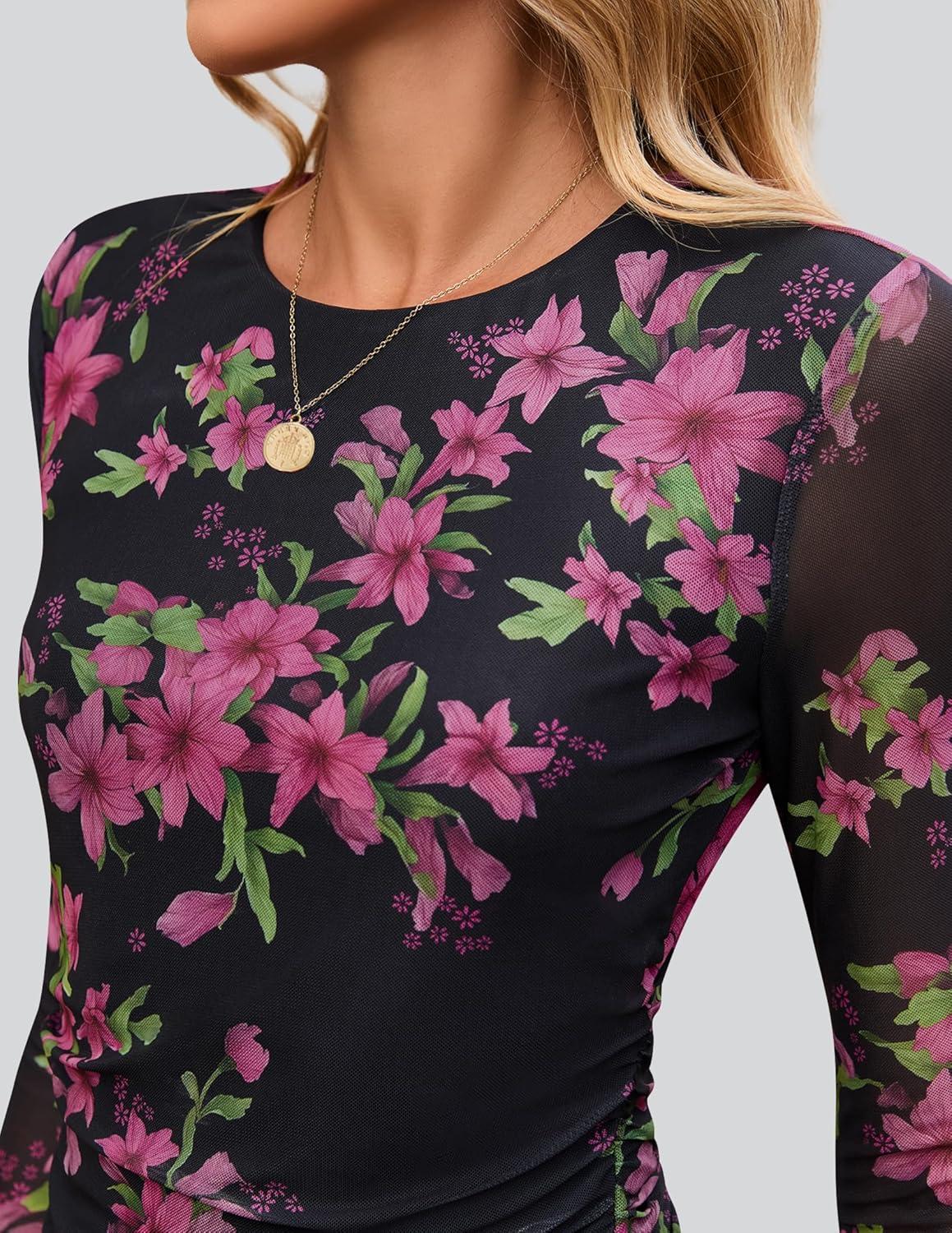 imageZESICA Womens 2026 Spring Floral Mesh Going Out Tops Long Sleeve Crewneck Slim Fit Ruched Y2k Shirt Beach Vacation OutfitBlack Rose