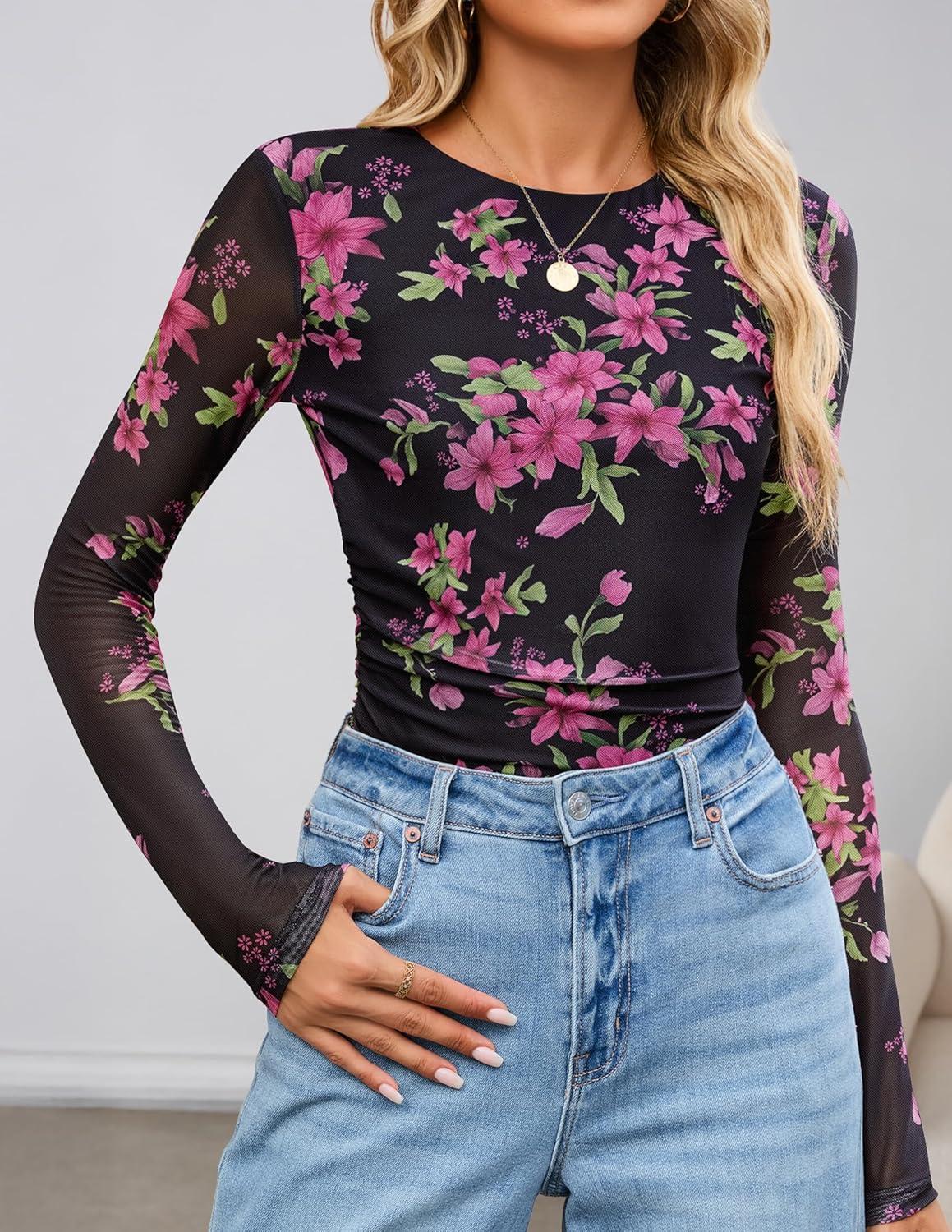 imageZESICA Womens 2026 Spring Floral Mesh Going Out Tops Long Sleeve Crewneck Slim Fit Ruched Y2k Shirt Beach Vacation OutfitBlack Rose