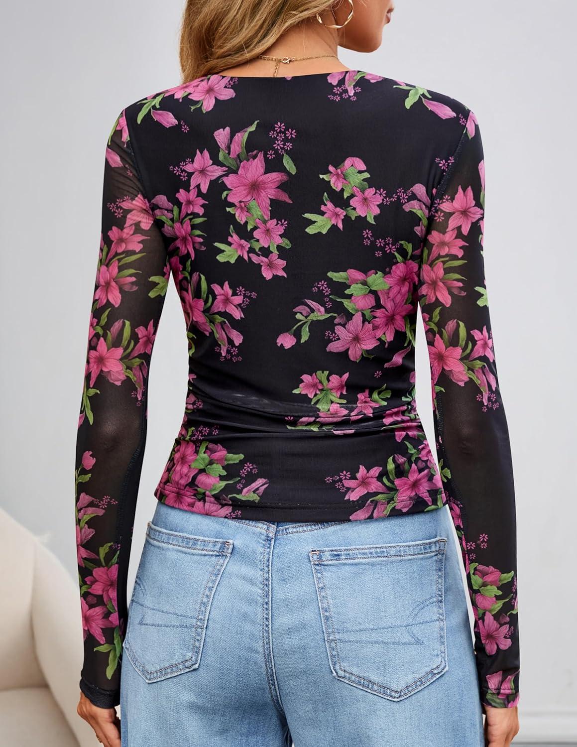 imageZESICA Womens 2026 Spring Floral Mesh Going Out Tops Long Sleeve Crewneck Slim Fit Ruched Y2k Shirt Beach Vacation OutfitBlack Rose