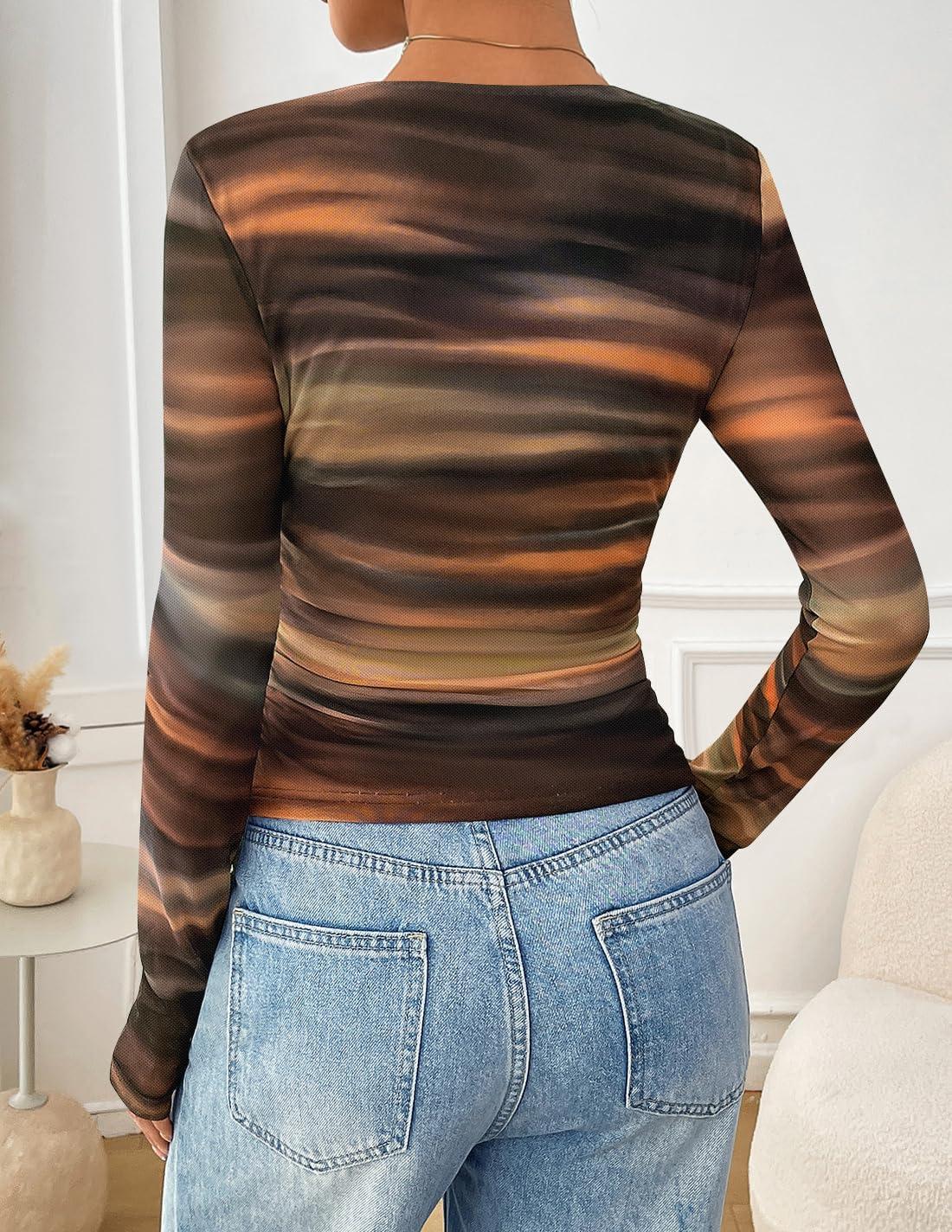 imageZESICA Womens 2026 Spring Floral Mesh Going Out Tops Long Sleeve Crewneck Slim Fit Ruched Y2k Shirt Beach Vacation OutfitBrown