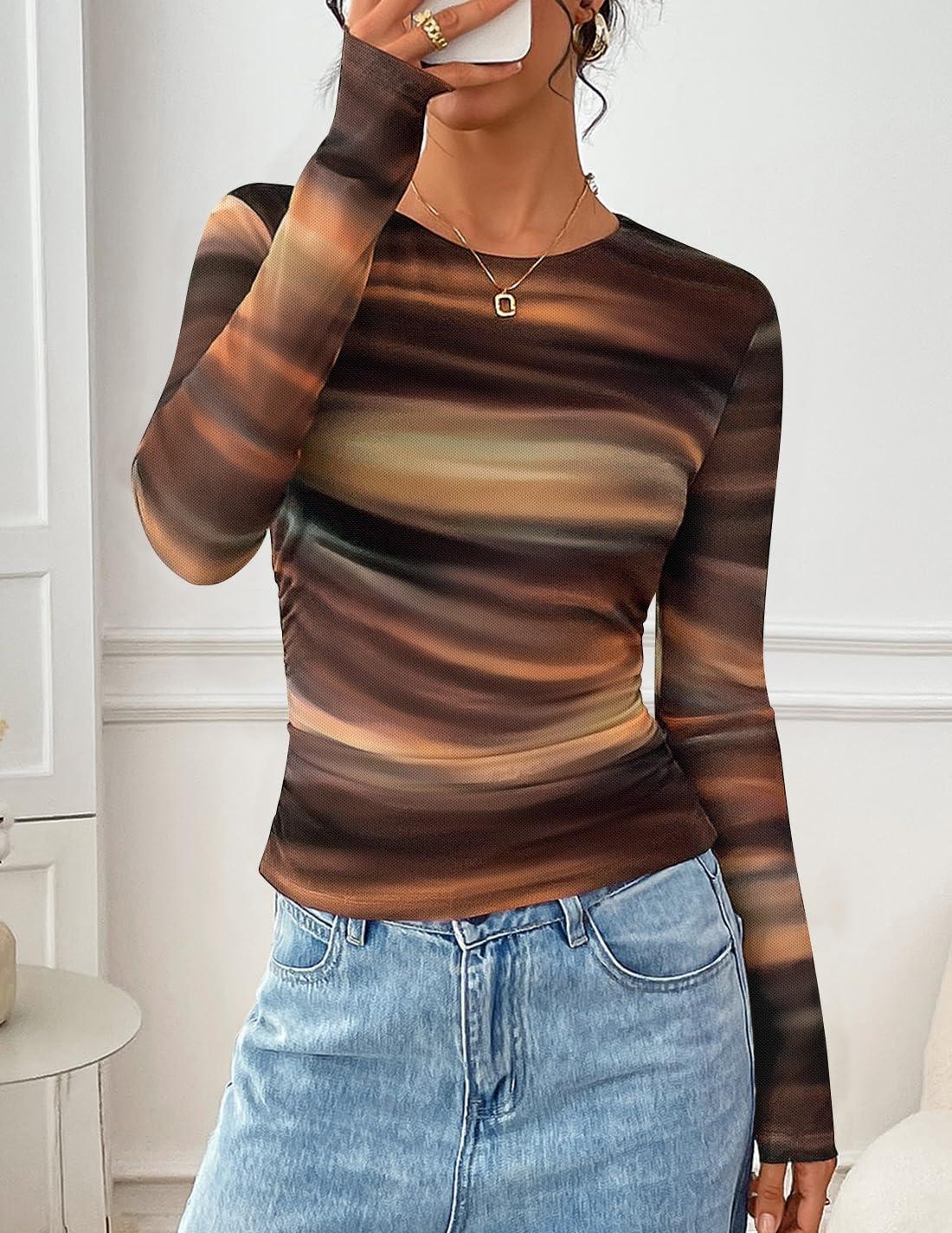 imageZESICA Womens 2026 Spring Floral Mesh Going Out Tops Long Sleeve Crewneck Slim Fit Ruched Y2k Shirt Beach Vacation OutfitBrown
