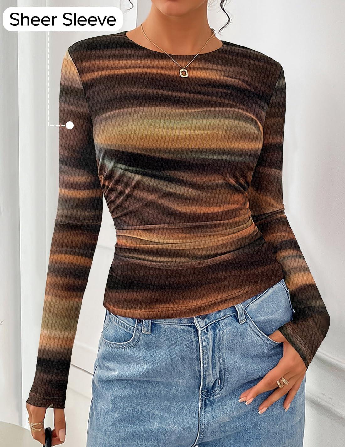 imageZESICA Womens 2026 Spring Floral Mesh Going Out Tops Long Sleeve Crewneck Slim Fit Ruched Y2k Shirt Beach Vacation OutfitBrown