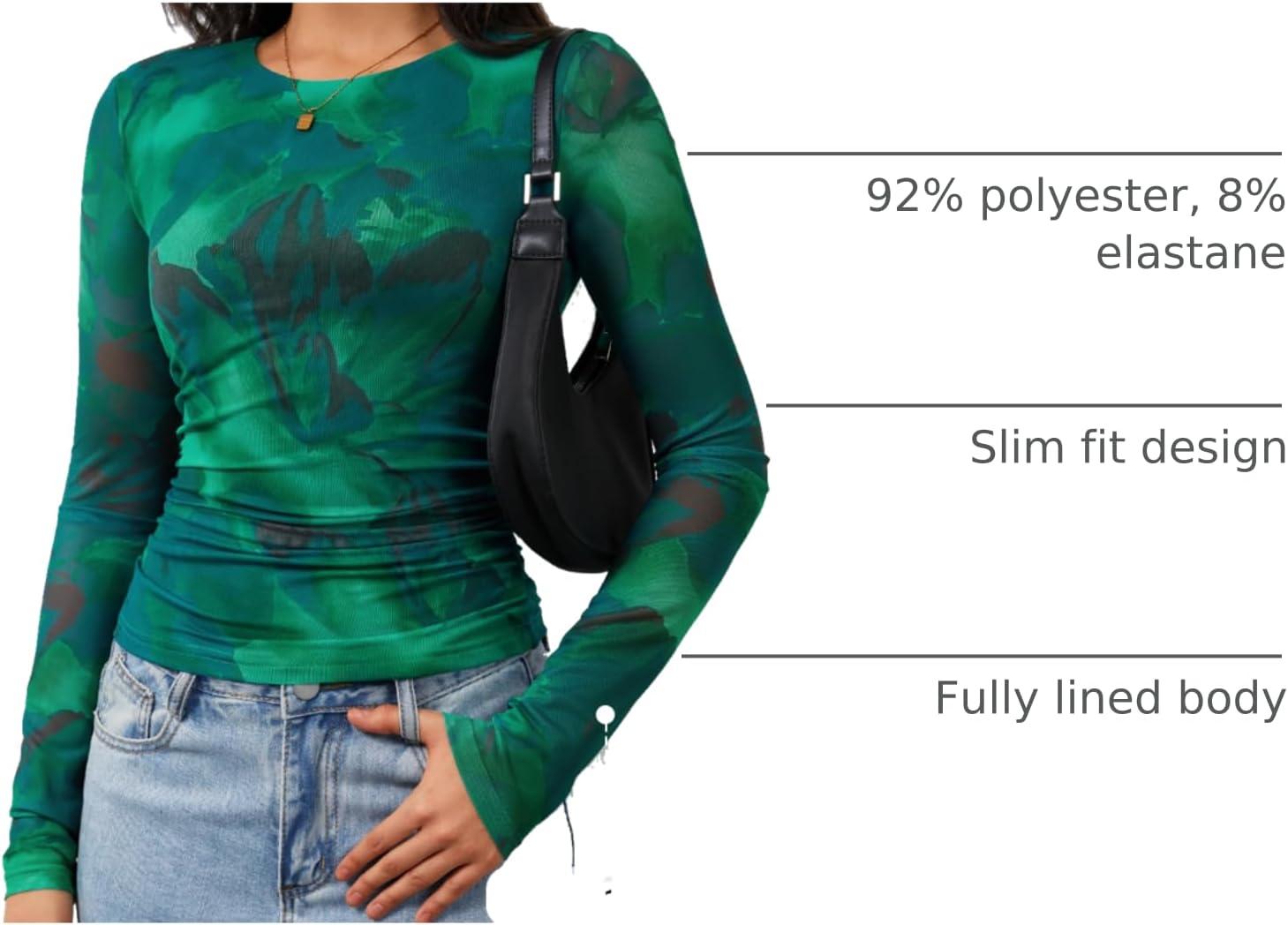 imageZESICA Womens 2026 Spring Floral Mesh Going Out Tops Long Sleeve Crewneck Slim Fit Ruched Y2k Shirt Beach Vacation OutfitGreen