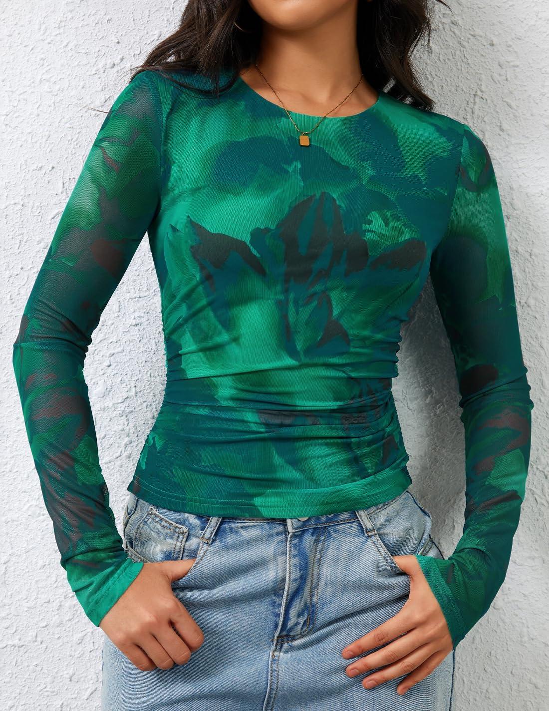imageZESICA Womens 2026 Spring Floral Mesh Going Out Tops Long Sleeve Crewneck Slim Fit Ruched Y2k Shirt Beach Vacation OutfitGreen