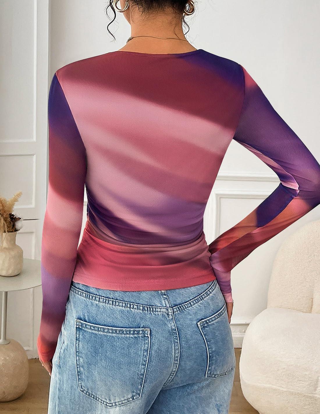 imageZESICA Womens 2026 Spring Floral Mesh Going Out Tops Long Sleeve Crewneck Slim Fit Ruched Y2k Shirt Beach Vacation OutfitMulticolour
