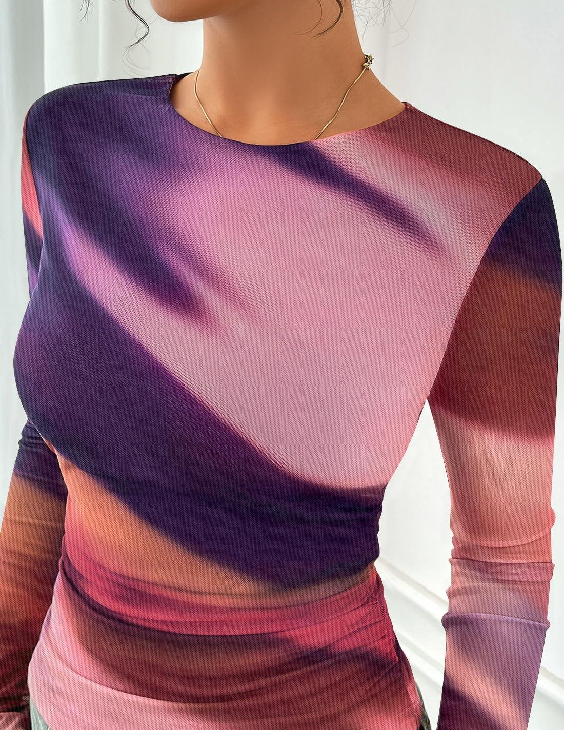 imageZESICA Womens 2026 Spring Floral Mesh Going Out Tops Long Sleeve Crewneck Slim Fit Ruched Y2k Shirt Beach Vacation OutfitMulticolour
